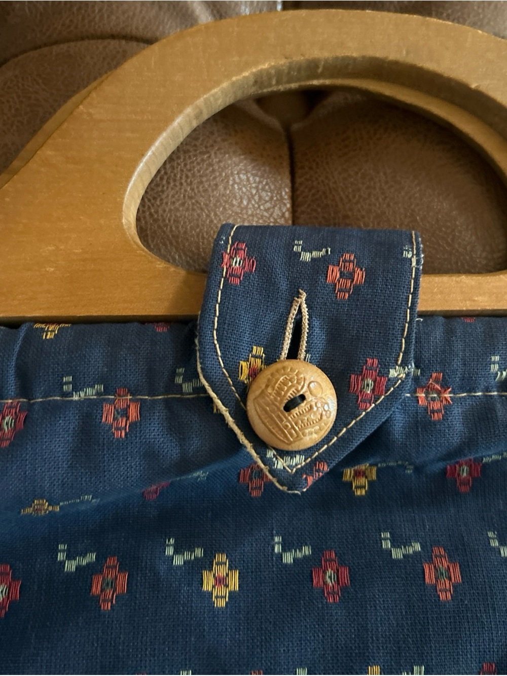 Classic Navy Floral Tote Bag with Wooden Handles Handmade Vintage - Picture 2 of 8